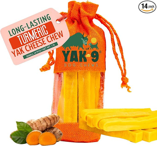Yak Cheese Dog Chews with Turmeric for Hip & Joint Support | High Protein, Non Rawhide Dog Chews Long Lasting | Non GMO, Gluten Free, Grain Free | Small Size, Bulk 14 PC Bag