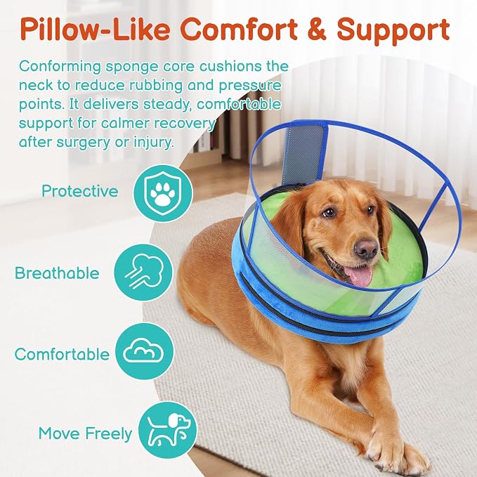 Sponge Dog Cone After Surgery, No Inflation Required Dog Donut Collar to Stop Licking, Inflatable Cone Alternatives for Medium Pets, Soft Recovery Collar with Protective Shield (Green Blue, S)
