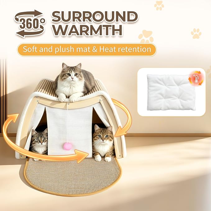 Cat Houses for Indoor Cats, Cat House with Natural Sisal Cat Scratcher Mat, Sturdy Solid Wood Frame Cat Houses & Condos, 4 Seasons Cat Bed Cave with Curtains, Sisal Scratching Pad & Mat