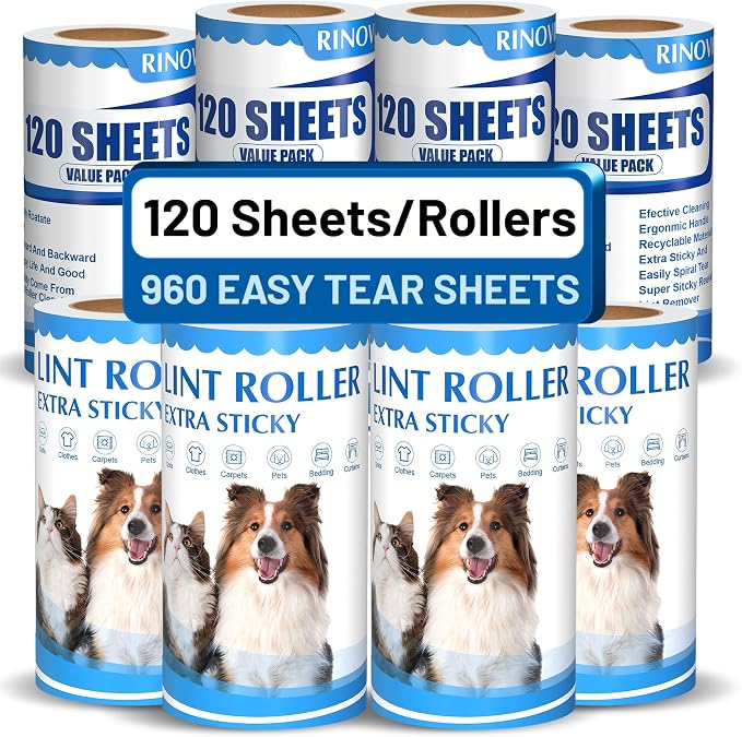 Lint Roller Refills – 960 Sheets Total, Extra Sticky Adhesive Replacement Rolls, 3.9-inch Rolls with 120 Sheets Each (No Handle Included), for Pet Hair on Clothes & Furniture