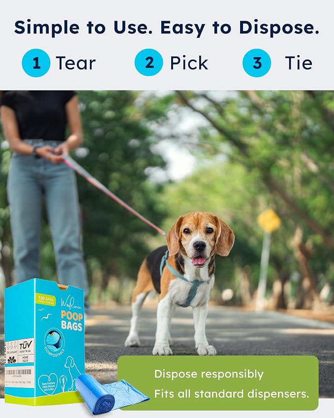 Wooflinen Home Compostable Dog Poop Bags – Leak-Proof Dog Poop Bags Rolls – Large 9x13”, Durable, Easy Tear – Made from Plant & PBAT Material – For Big & Small Dogs – 120 Bags (8 Rolls)