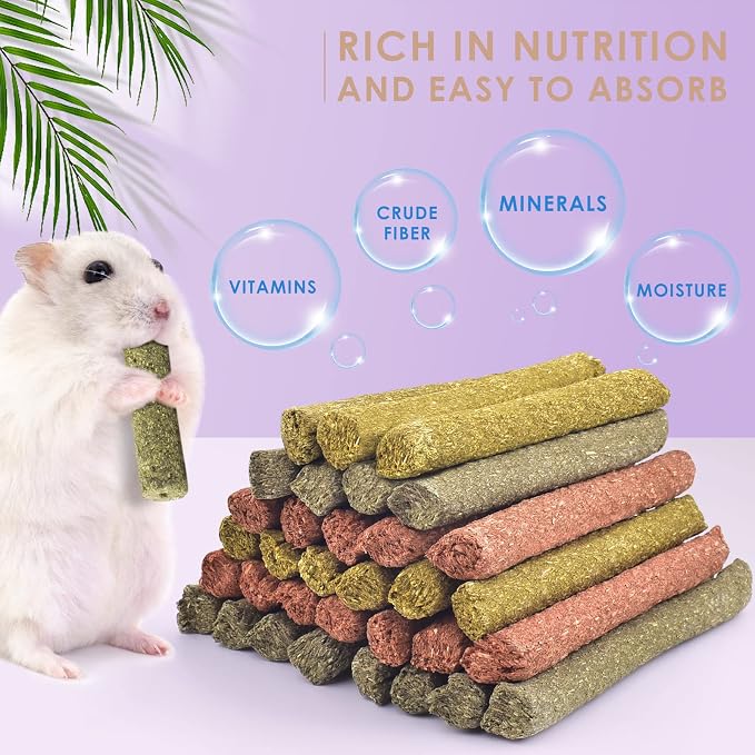 Bissap Rabbit Chew Sticks, Bunny Molar Mixed Timothy Hay Treats Bamboo Sticks for Small Animals Hamsters Chinchillas Guinea Pigs Squirrels Natural Teeth Grinding Chewing Toys