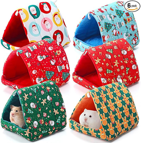 Ripeng 6 Pcs Guinea Pig Hideout Guinea Pig Bed House Rabbit Tunnel Washable Small House Cage Accessories for Hedgehog Mouse Chinchillas Hamster Ferrets Bearded Rats(7.9 Inch Christmas Elements)
