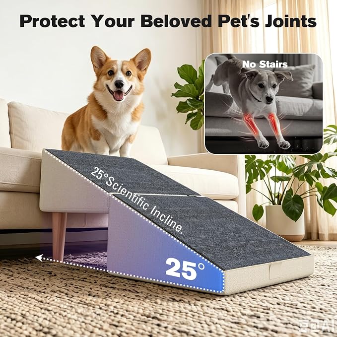 2-in-1 Folding Dog Ramp & Stairs for Small Dogs and Cats Split Ottoman for Couch/Bed, with Removable Washable Anti-Slip Mat & Cleaning Brush, Khaki
