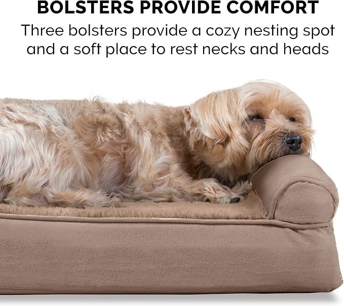 Furhaven Cooling Gel Dog Bed for Large Dogs w/ Removable Bolsters & Washable Cover, For Dogs Up to 95 lbs - Plush & Suede Sofa - Almondine, Jumbo/XL