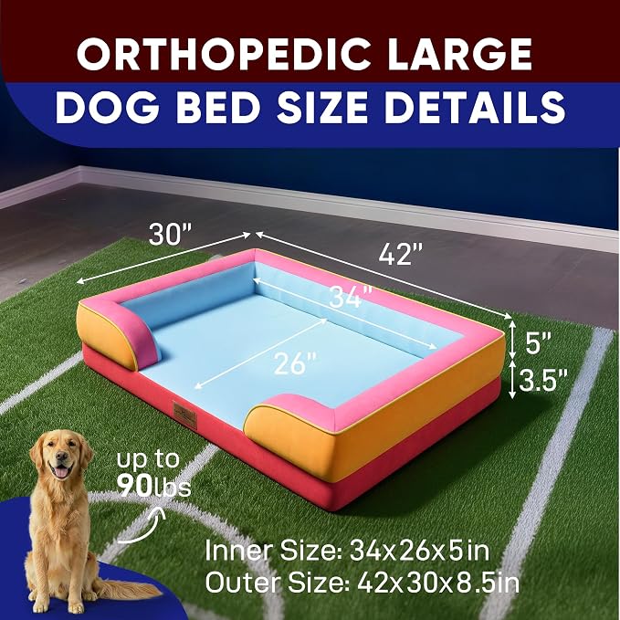 Comfort Expression Orthopedic Dog Bed for Extra Large Dogs 42x30 Inch, Waterproof Egg Crate Foam XL Pet Bed with Bolsters, Dog Couch with Washable Cover & Non-Slip Bottom, Miami