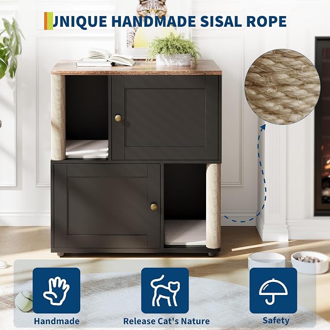 Cat Litter Box Enclosure, Two-Story Wooden Hidden Litter Box Furniture with Scratching Post, Multi-Level Cat Washroom Cabinet for 2 Cats, Reinforced Wood Frame & Ventilated Design for Small Apartment