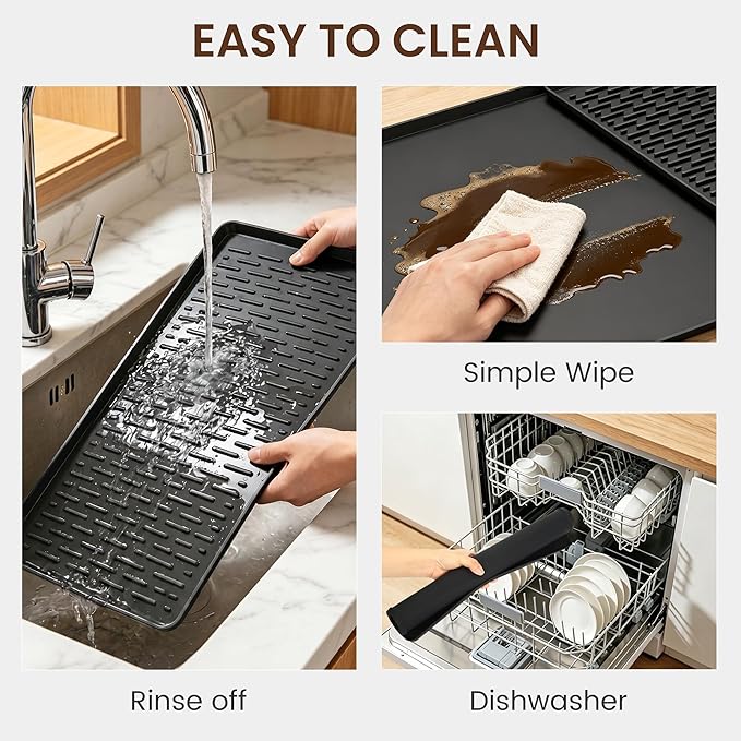 Silicone Coffee Mat Set, 24” x 16” Coffee Bar Mat for Countertop with Detachable Dish Drying Mat, Anti-Slip Countertop Protector for Espresso Machine, Heat Resistant, Rolled Ship, Black