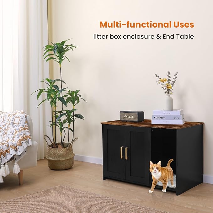DWANTON Litter Box Enclosure, Cat Litter Box Furniture Hidden, with Scratching Mat, Wooden Cat Washroom Indoor, 31.5" L x 19.7" W x 21.7" H, Black and Rustic Brown