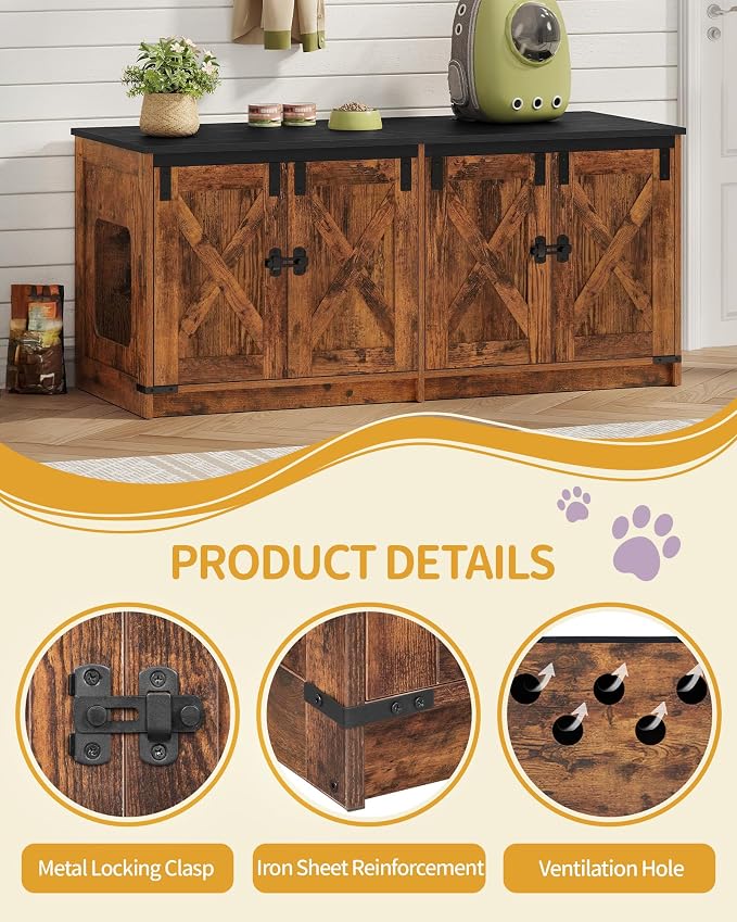 Hzuaneri Cat Litter Box Enclosure for 2 Cats, Hidden Litter Box Furniture Cabinet with Double Room, Indoor Cat House, Farmhouse Style, 46.7 x 18.9 x 21.1 Inches, Rustic Brown CB85301X