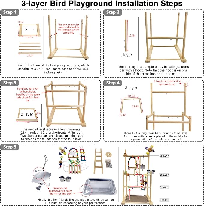 Hamiledyi Natural Wood Bird Playground - Large 3-Tier Perch Stand with Exercise Platforms Durable Activity Gym for Parrots, Cockatiels and Small Birds Bird Stand with Ladders and Swings