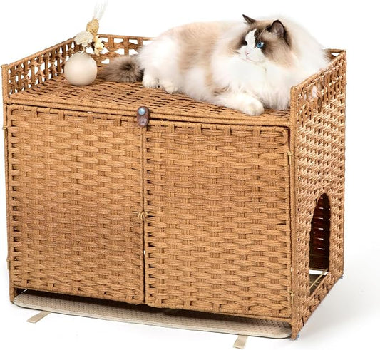 Furriends Cat Litter Box Enclosure with 2 Mats, Handwoven Rattan Hidden Litter Box Furniture Large 30.3”L x 18.2”W x 24.2”H, Double as Indoor Cat House or Side Table for Living Room Hallway, Tan
