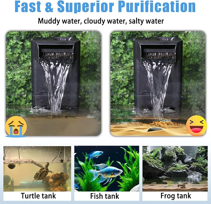 220GPH Turtle Filter for 20-45 Gal Tank, Small Turtle Filters 3-stage Filtration for Freshwater Saltwater Cloudywater, Ultra-quiet and Flow Adjustable for Fish Turtles Shrimps Amphibians Frogs | Minimum water level required: 2.6 inches