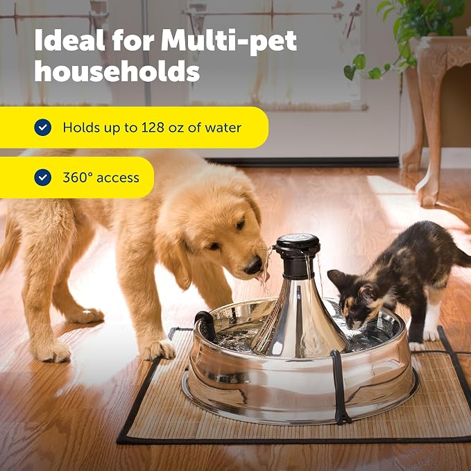 PetSafe Stainless Multi-Pet Fountain with Extra Filters Great for Multiple Pet Households Customizable Stream Options Scratch and Rust Resistant 128 Oz Water Capacity Fresh, Filtered Water