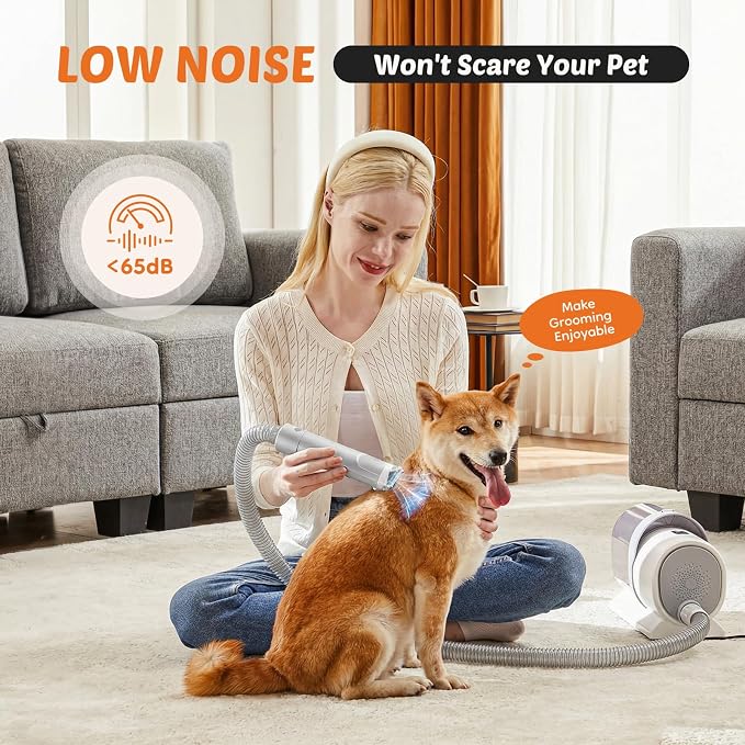 DUMOS Pet Grooming Vacuum Kit, 3 Adjustable Suction Modes Dog Hair Clipper, 5 Professional Grooming Tools with Low Noise Cat Hair Clippers, 2.5L, Gray