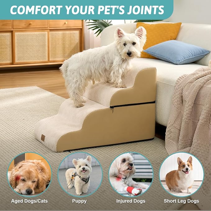 COZY KISS Detachable Curved Wide Dog Stairs 19.7" H, 4 Step Small Dog Step for Puppy or Older Cat, Ramp for Bed, Sofa, Couch or Chair, Ladder with High Density Foam, 17.7x28.3x19.7 inch, Beige