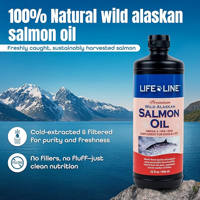 Life Line Salmon Oil for Pets | Omega-3 DHA EPA Supplement for Dogs & Cats | Supports Skin, Coat, Brain & Heart Health | Cold-Filtered – 32 oz