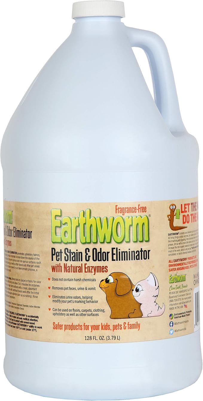 Earthworm Pet Stain Remover & Odor Eliminator- Removes Urine Smell with Natural Enzyme Formula, Fragrance Free Spray - 128 oz