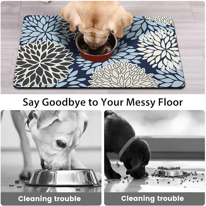 Dog Food Mats for Floors, Absorbent and Quick-Drying Pet Cat Food Mat,Anti-Fouling and Easy-to-Clean Pet Feeding Mat,Dog Bowl Mat for Messy Drinking Water Bowls.16x24, Bohemia Dahlia Floral Style