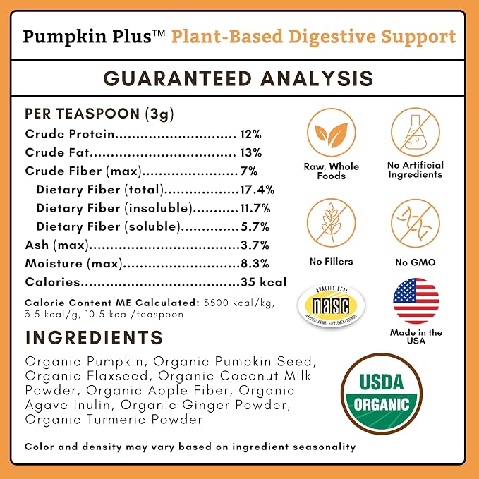 Wholistic Pet Organics Pumpkin Powder for Cats & Dogs - Fiber Supplement Helps with Digestion, Nutrient Absorption, Diarrhea, Constipation - Organic Pumpkin for Dogs & Cats - Puree Food Topper - 8 oz