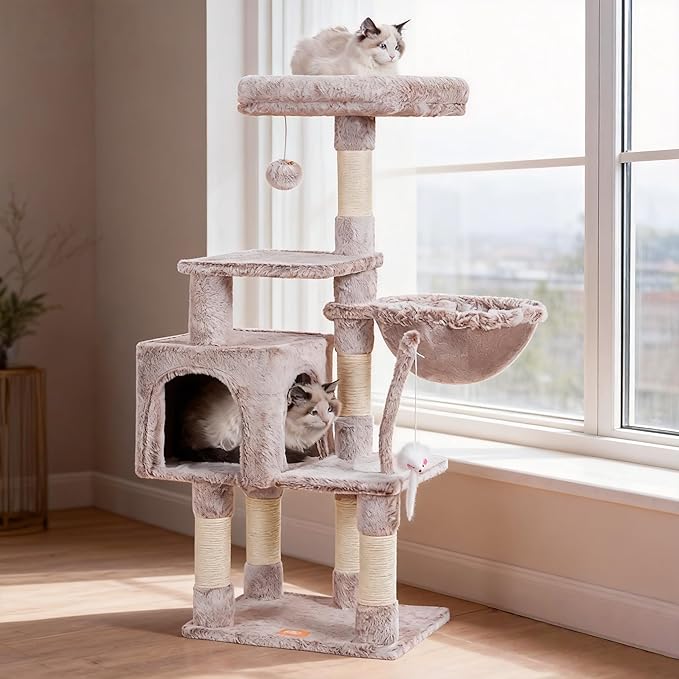 Heybly Cat Tree with Toy, Cat Tower condo for Indoor Cats, Cat House with Padded Plush Perch, Cozy Hammock and Sisal Scratching Posts, Muchroom HCT004SMU