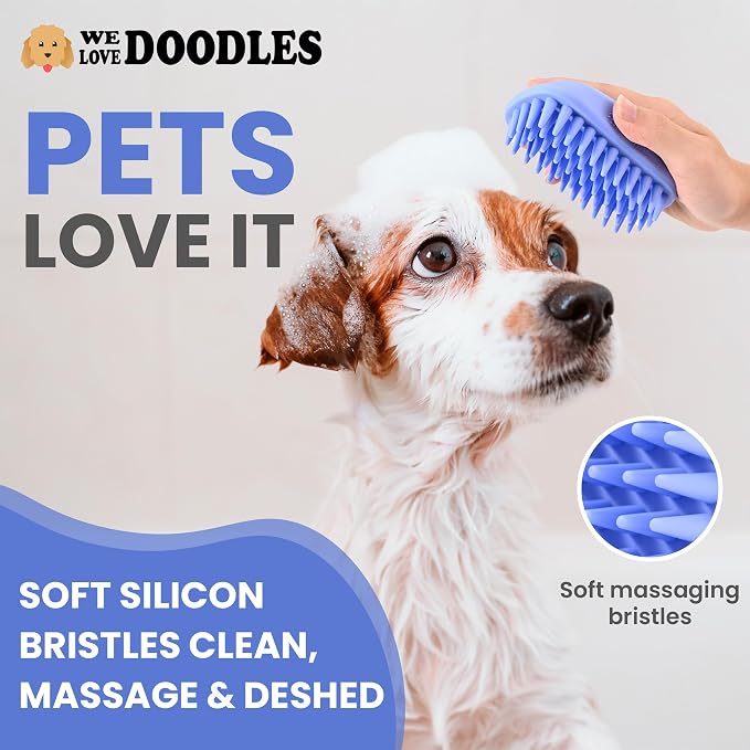 We Love Doodles 5-in-1 Premium Oatmeal Shampoo & Dog Grooming Bath Brush Bundle - Gentle for Itchy & Sensitive Skin, Provides Itch Relief, Hypoallergenic & Soothing for Dry Skin, Pet Rubber Brush