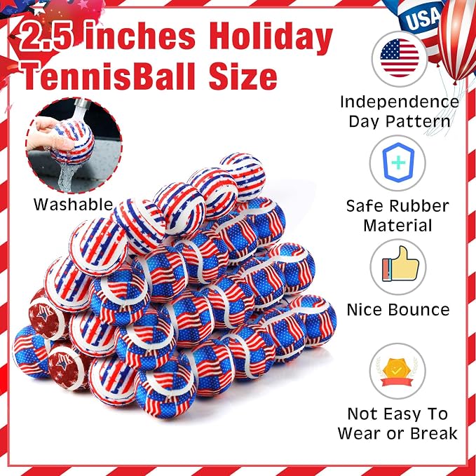 Libima 36 Pcs Dog Tennis Balls 2.5 Inches Toy Ball for Small Medium Large Dogs Durable Teething Chew Toys for Aggressive Dogs Exercise Training Catching, 3 Styles (4th of July)