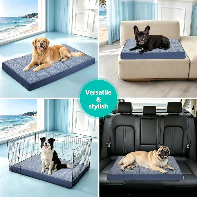 Cooling Dog Bed for X Large Dogs - Orthopedic Pet Beds with Memory Foam, QMAX>0.5, Waterproof Removable Washable Cover for Hot Weather, Wander Blue, 41" L x 27" W x 3" H