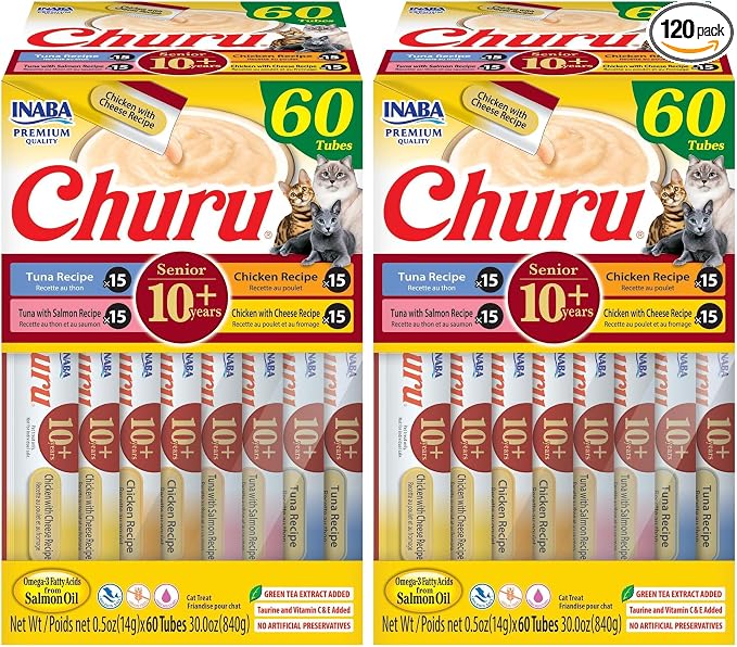 INABA Churu for Senior 10+,Creamy Lickable Cat Treats with Taurine,Vitamin E & C,0.5 Ounces Each,Tubes,Tuna & Chicken Variety,(Pack of 120)