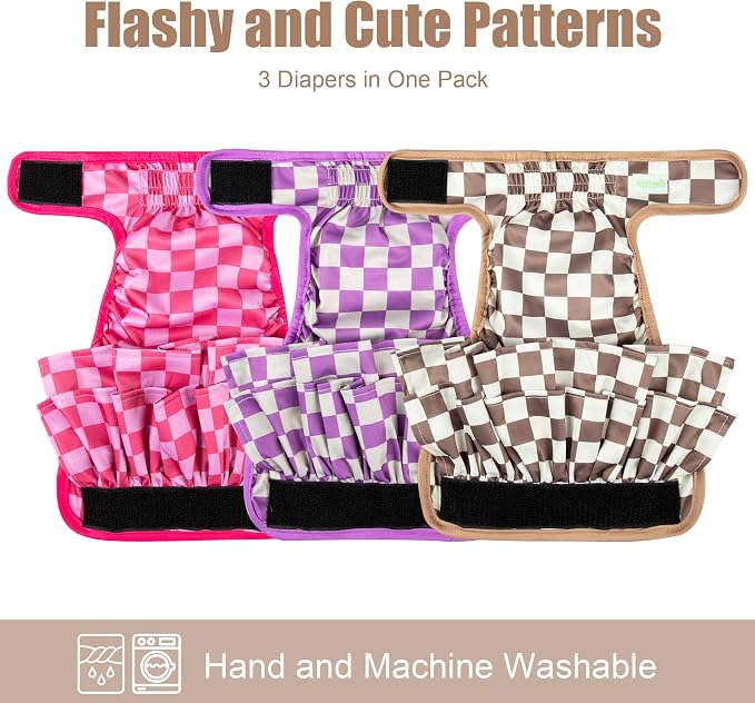 wegreeco Dog Diapers Female (3 Pack), Highly Absorbent Puppy Doggie Dog Diapers for Female Dogs Period, Washable Doggy for in Heat, Small Medium Large Size (Checkerboard Red, Purple,Coffee, Large)