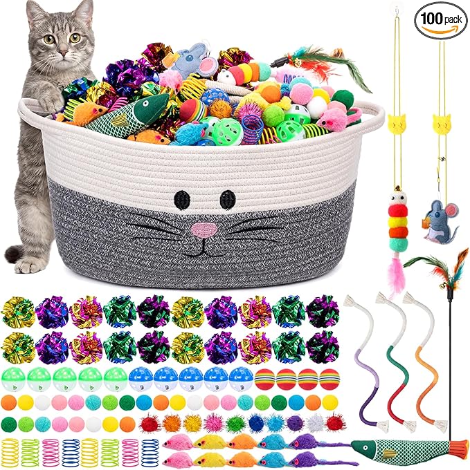 Leitee 15.2" X 10" X 8" 100 Pcs Cat Bed Storage Basket Gift Cat Variety Toys Set Cotton Rope Basket, Fish Mice Pet Bell Colorful Crinkle Balls Spring Toy for Kitten Swat Interactive (Basic,Grey,White)