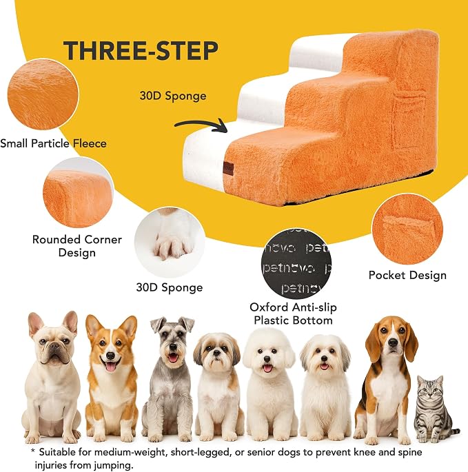 PETNOVO Ultra-Soft Faux Fur Dog Stairs for Bed and Couch, 3-Step Dog Steps for Small Dogs, Non-Slip Foam Pet Stairs, Washable Cover, 15.7" D x 22.4" W x 15.7" H, Orange