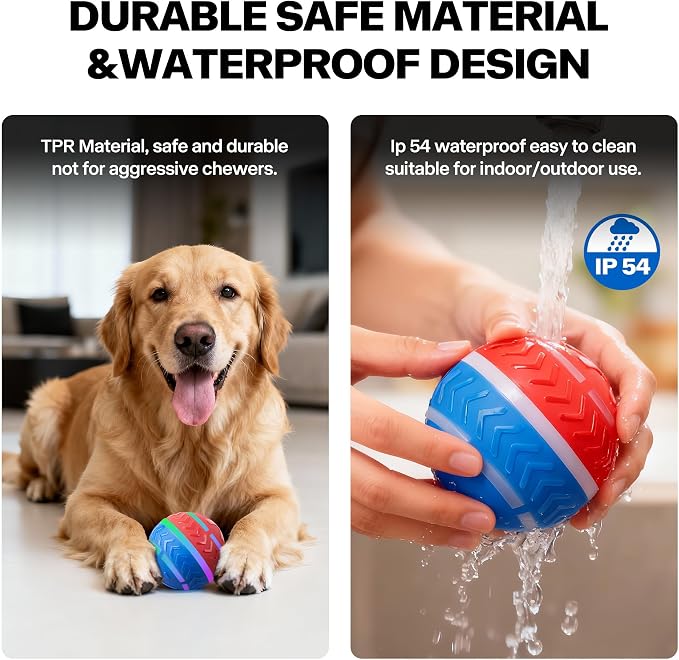 Pet Prime Interactive Dog Ball Toy Automatic Active Rolling Ball for Dogs Motion Activated with LED Light Rechargeable Self Moving Toy for Small Medium Large Dogs to Play Red/Blue