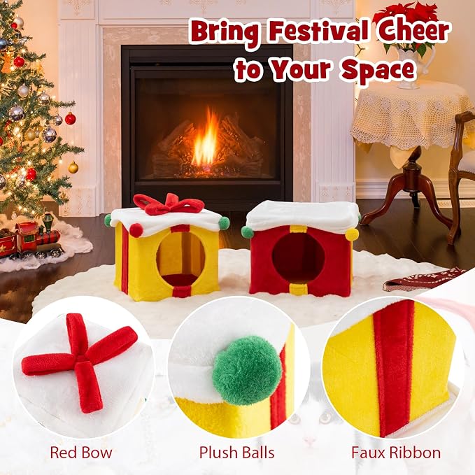 PETSITE Christmas-Themed Gift Box-Shaped Cat House, Stackable 2-Piece Indoor Cat Caves for Kittens, Colorful 2-Story Cat Hideaway Cat Bed for Indoor Cats