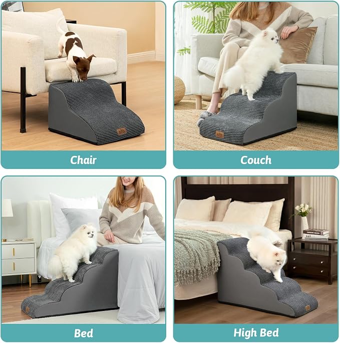 COZY KISS Dog Stairs for Small Dogs 19.7" H, Curved Dog Step for Puppy, Older or Cat, Medium Pet Ramp for Sofa, Couch or Bed, Ladder with High Density Foam, 4 Step, 15.7x28.3x19.7 inch, Charcoal Grey