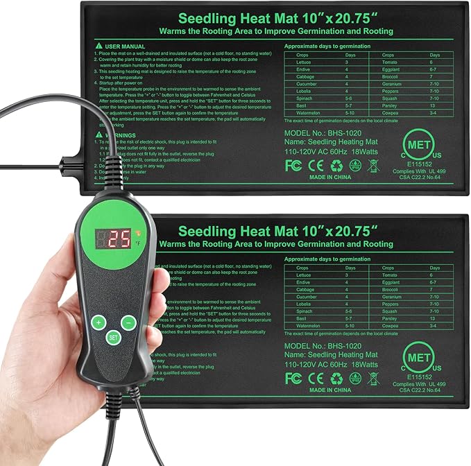 GOLOPET Seedling Heat Mat with Thermostat Pack of 2, Dual Certified by MET and UL Plant Heating Mat Pad Equipped with A Temperature Probe, It Automatically Maintains A Constant Temperature