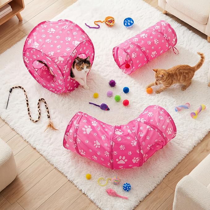 Leitee 40 Pcs Cat Toys Kitten Toys Assortments, Variety Toy Set Including 3 Pink Cat Paws Way Tunnel, Cats Feather Teaser, Fuzzy Mice, Crinkly Ball, Springs, Colorful Balls and Bells for Indoor Pet