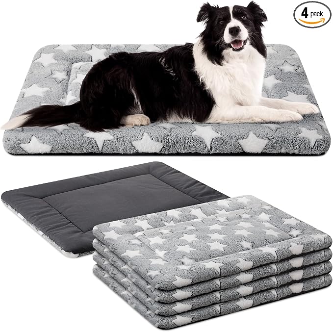 VitalCozy 4 Pcs Dog Crate Pads, Ultra Soft Warm Washable Anti-Slip Kennel Bed Mat for Pets, Reversible, Replaceable, Cage Liner for Small Medium Large Dogs and Cats(30 x 48 x 1.6 Inch,Star,Gray)