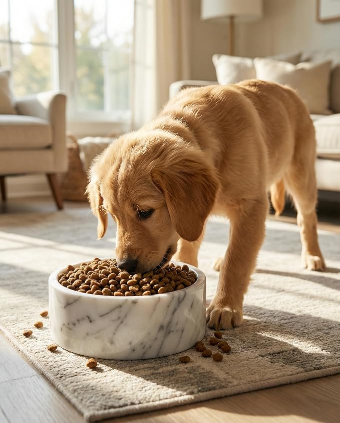 OOBOOB Natural Marble Dog Bowls, Non-Slip Heavy Weight Dog Food Bowl & Dog Water Bowl with Minimalist Design, Premium Marble Texture Pet Bowl for Small to Medium Dogs & Cats