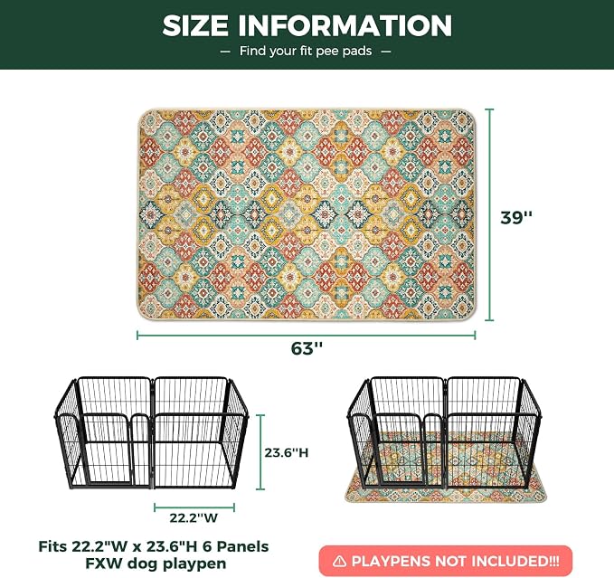 FXW Washable Pee Pads for Dogs, Puppy Pads with Super Absorbent, Specifically Designed for FXW Rollick/Homeplus 24inch 6 Panels Dog Playpen, 39" x 63" Rectangle, Beige Gourd, 1 Pack