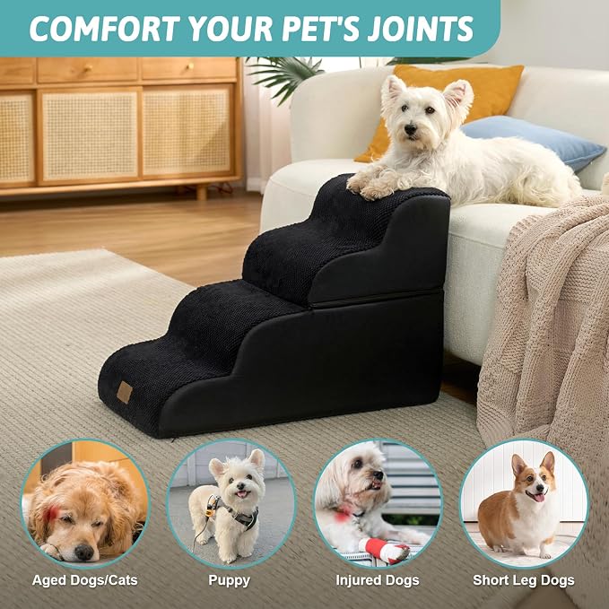 COZY KISS Detachable Curved Dog Stairs 19.7" H, 4 Step Small Dog Step for Puppy or Older Cat, Ramp for Bed, Sofa, Couch or Chair, Ladder with High Density Foam, 17.7x28.3x19.7 inch, Black