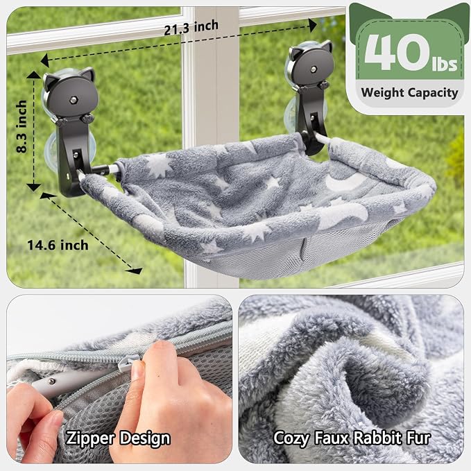 JUNSPOW Cat Window Perch Cordless, Glow in The Dark & Stable Cat Beds- Breathable Window Hammock for Overlooking, Sunbathing and Climbing - Maximum Hold Up to 40lb(Grey)