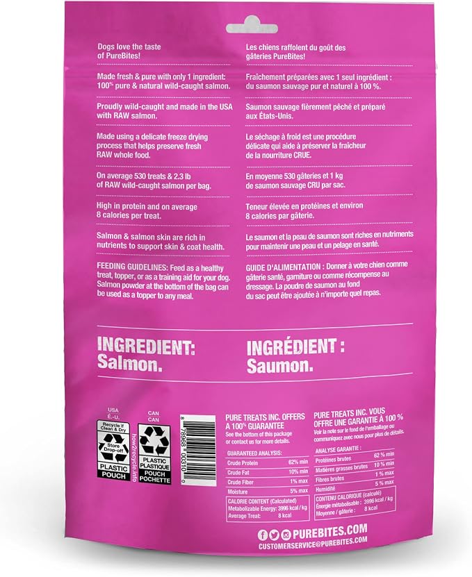 PureBites Salmon Freeze Dried Dog Treats, 1 Ingredient, Made in USA, 9.5oz