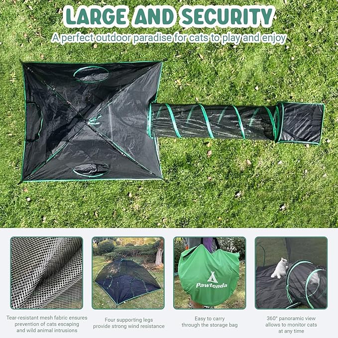 Pawtenda 3-in-1 Outdoor Cat Enclosures, Portable Catio Green Cat Tents for Outside, Cat Tents with 1 Dome Tent,1 Straight Tunnel and 1 Cube, Outdoor Cat Playpen for Cats, Rabbits and Other Animals
