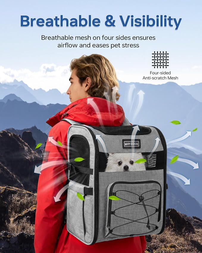 Hiking Dog Carrier Backpack, Padded Height-Enhancing Design, Adjustable Waist Cushioning Belt with Breathable Padded Back Support, Dog Carrier Backpack for Small Dogs Max 13LB Grey with Pad