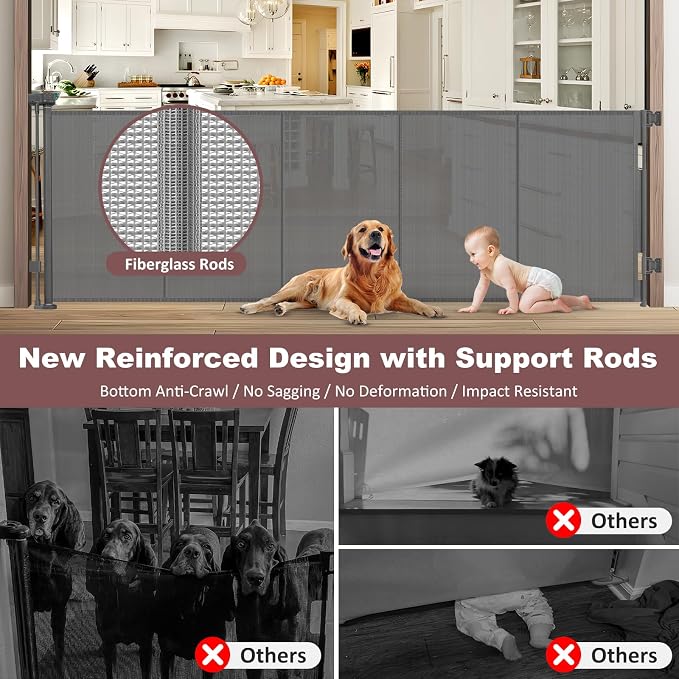 Reinforced 41" Extra Tall Pet Gate 100" Extra Wide Retractable Baby Gate with Support Rods, Indoor Retractable Gate Mesh Dog Gates for The House Outdoor Wide Baby Gates for Large Openings, Gray