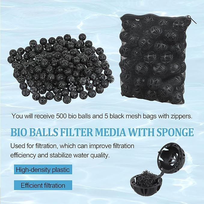 500 Pieces Black Bio Balls 0.6 Inch Internal Bioballs Filter Media for Aquarium Filter Pond Filter with 5 Pack Zippered Aquarium Filter Media Mesh Bags