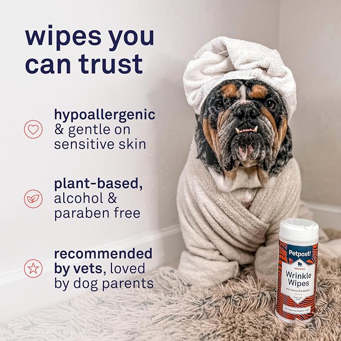 Petpost Large Wrinkle Wipes for Dogs | 60 Count 5x7 Dog Face & Wrinkle Cleaner | Gentle Pet Wipes with Coconut Oil & Aloe for Bulldogs, Pugs & Wrinkly Breeds | Dog Cleaning Wipes