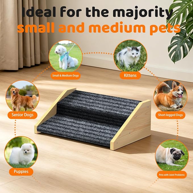 2 Pack Dog Ramp for Stairs-2-Step Wooden Pet Ramp with Non-Slip Carpet for Small Dogs,Gentle Slope Support for Senior Injured Aging Short-Legged Pets,Indoor Use