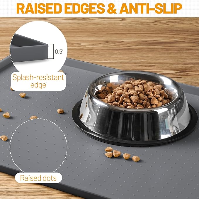 Hubulk Dog Feeding Mat,100% Waterproof BPA Free Silicone Pet Food and Water Bowl Placemat,Dishwasher, High Raised Edge to Prevent Spills,Nonslip Tray to Stop Messes on Floor (19"x12"x0.5", Grey)